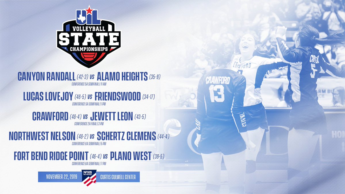 Schedule for Day 3 at #UILState Volleyball:

5️⃣🅰️ Semi: <a href="/RandallRaiderHS/">RandallRaiderHS</a> v <a href="/AHHSvolleyball/">AHHSvolleyball</a>
5️⃣🅰️ Semi: @leopardvb v <a href="/FwoodVolleyball/">Friendswood VB</a>
2️⃣🅰️ FINAL: <a href="/crawfordisd/">Crawford ISD</a> v <a href="/leonisdtx/">Leon ISD</a>
6️⃣🅰️ Semi: <a href="/BNHSVBall/">Byron Nelson HS VBall</a> v <a href="/samuelclemensvb/">Clemens Volleyball</a>
6️⃣🅰️ Semi: @RP_Volleyball v <a href="/planowestvb/">Lady Wolves VB</a>

🏐 uiltexas.org/volleyball/sta…