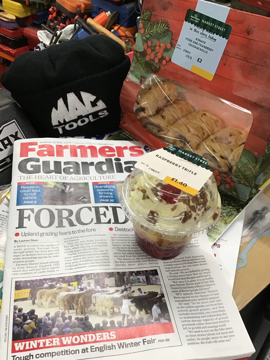 robsonandcowan's tweet photo. It’s #FridayTreatTime again at #ScotsGap & @ATVMoff is struggling getting through all the #FarmingPress so today he has some extra treats,as well as his @Morrisons trifle he also got some festive Pork & Cranberry Sausage Rolls to keep his strength up #goodreading @FarmersGuardian https://t.co/jV836AX8Uc