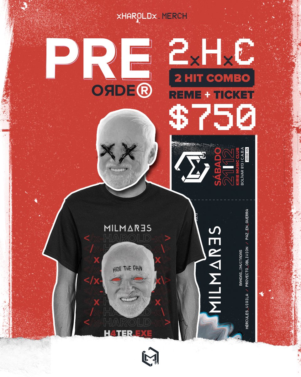 PREORDER 2xHITxCOMBO: REME + TICKET $750 (Efectivo)

¡Con la misma entrada y tu nombre, retirás la remera el mismo día del show!

Escribinos por DM para anotarte en la lista de este preorder.

#milmares #anticopypaste #nadiemelee #hidethepain #xharoldx #h4terexe