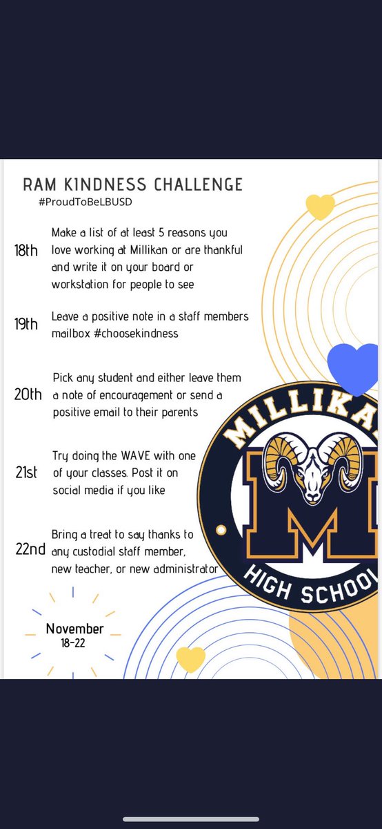 Last day of the Ram Kindness Challenge! We appreciate everyone that accepted and took the time to share a lil’ bit of kindness this week. #ChooseKindness #proudtobeLBUSD