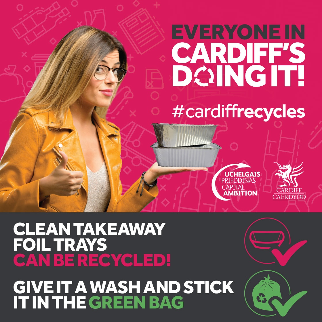 cardiffcouncil's tweet image. Everyone in Cardiff’s Doing It! Clean takeaway foil trays CAN be recycled. Give it a wash and stick it in the green bag #CardiffRecycles #Cardiff Click here to visit our A-Z of Recycling: socsi.in/UGiwZ
