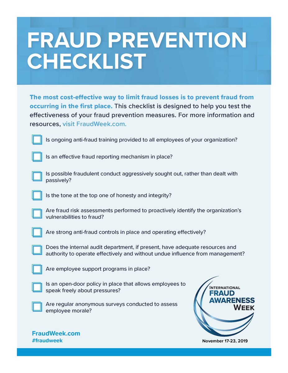 DallasACFE's tweet photo. #FraudWeek is nearly over, but it's not too late to take action! The ACFE has prepared a variety of resources, including this fraud prevention checklist and fraud tips, to spark discussion and raise awareness. Visit https://t.co/eY4d5qeBGk or https://t.co/Z13tjtL5Bm for more! https://t.co/YUTDGMfVrE
