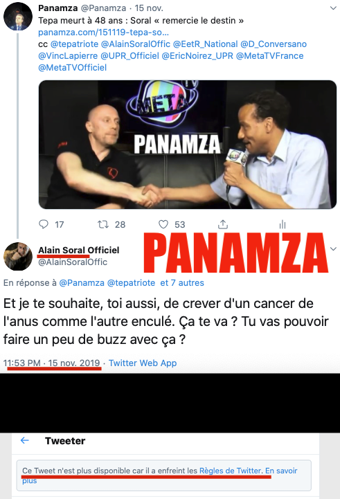 Soral souhaite la mort de Panamza : Twitter le censure