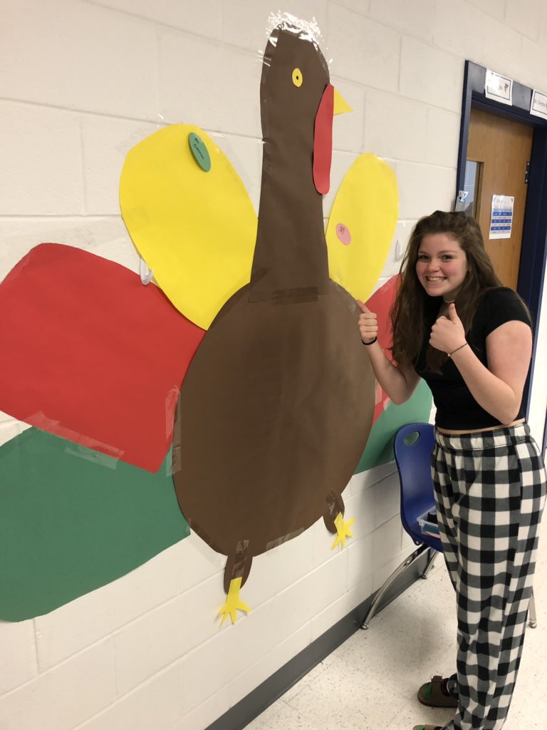 LOOK HOW MUCH FUN JOY IS HAVING!! come by <a href="/ColganRoom1108/">1108 CCHS</a> and put your own feather on the holiday bird.