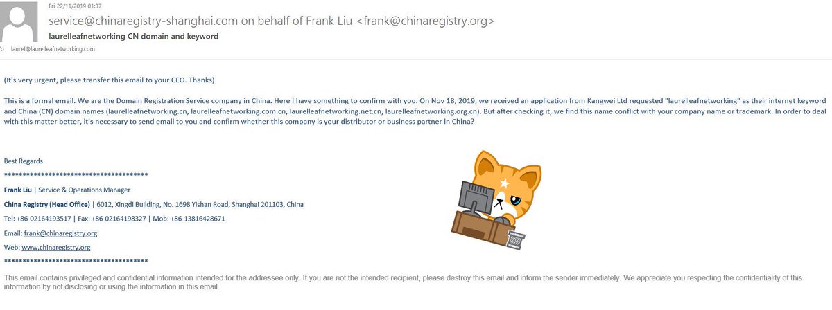 LaurelLeafChat's tweet image. 🟡🤣⚠ Oh dear, doing the rounds again. Email passed to the CEO 🙃🤣
facebook.com/groups/becyber…
#cybersecurity #cyberaware #spoofemail #phishing #cyberrisk #domainhack #domainscam #scammers #hackers #cyberthreats