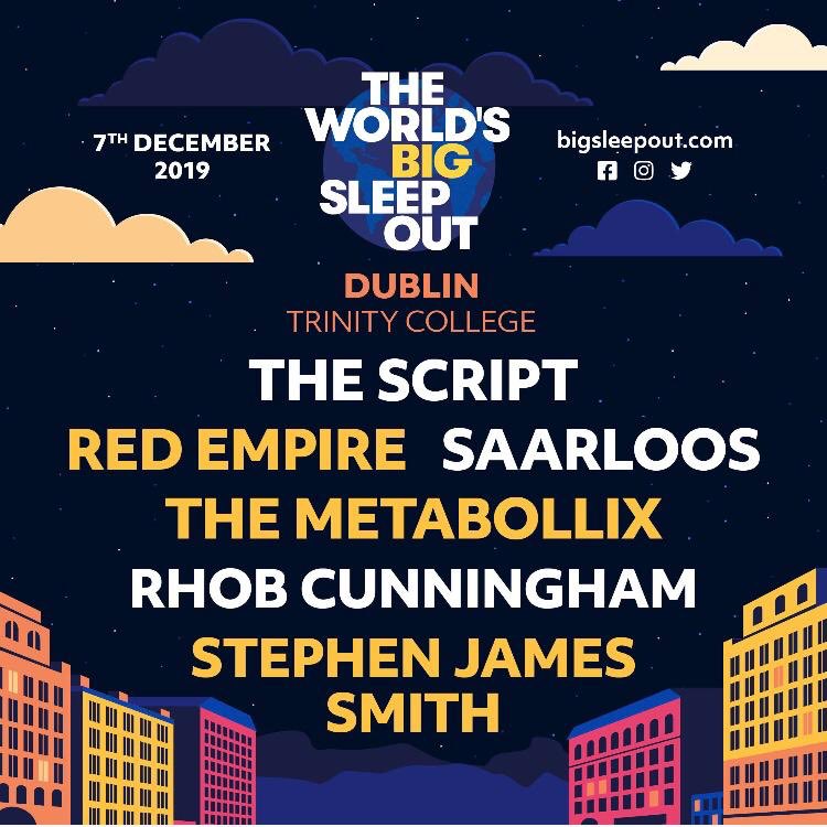 Getting closer and closer to the <a href="/BigSleepOuts/">The Worlds Big Sleep Out</a> in <a href="/tcddublin/">Trinity College Dublin</a>. Come see ourselves, <a href="/thescript/">the script</a> <a href="/Saarloosmusic/">Saarloos</a> <a href="/SJSwords/">Stephen James Smith</a> <a href="/laoneill111/">Luke O'Neill</a> <a href="/rhobc/">Rhob Aguiluz C.Lopez</a>. All in aid of <a href="/DepaulIreland/">Depaul</a>, it’s going to be amazing!
