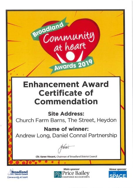 DCP_Surveyors's tweet image. Delighted that Church Farm Barns, Heydon, has been awarded a Certificate of Commendation in the Broadland District Council Community at Heart awards.  We provided designer, contract admin, and principal designer services on the project. 
#regeneration #ruralbusiness #community