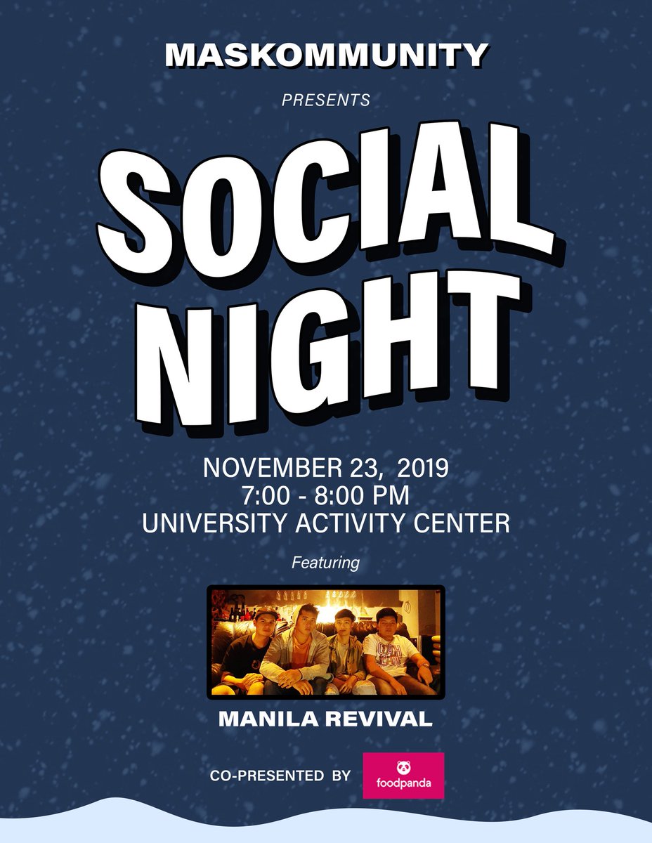 plmmcslofficial's tweet photo. When all’s been said and done, it’s time to have more fun! This 23rd of November, we present to you the MCSL's Social Night featuring Manila Revival, an indie/alternative band that will gracefully serenade us for the rest of the night. https://t.co/8Jklo2KVS7