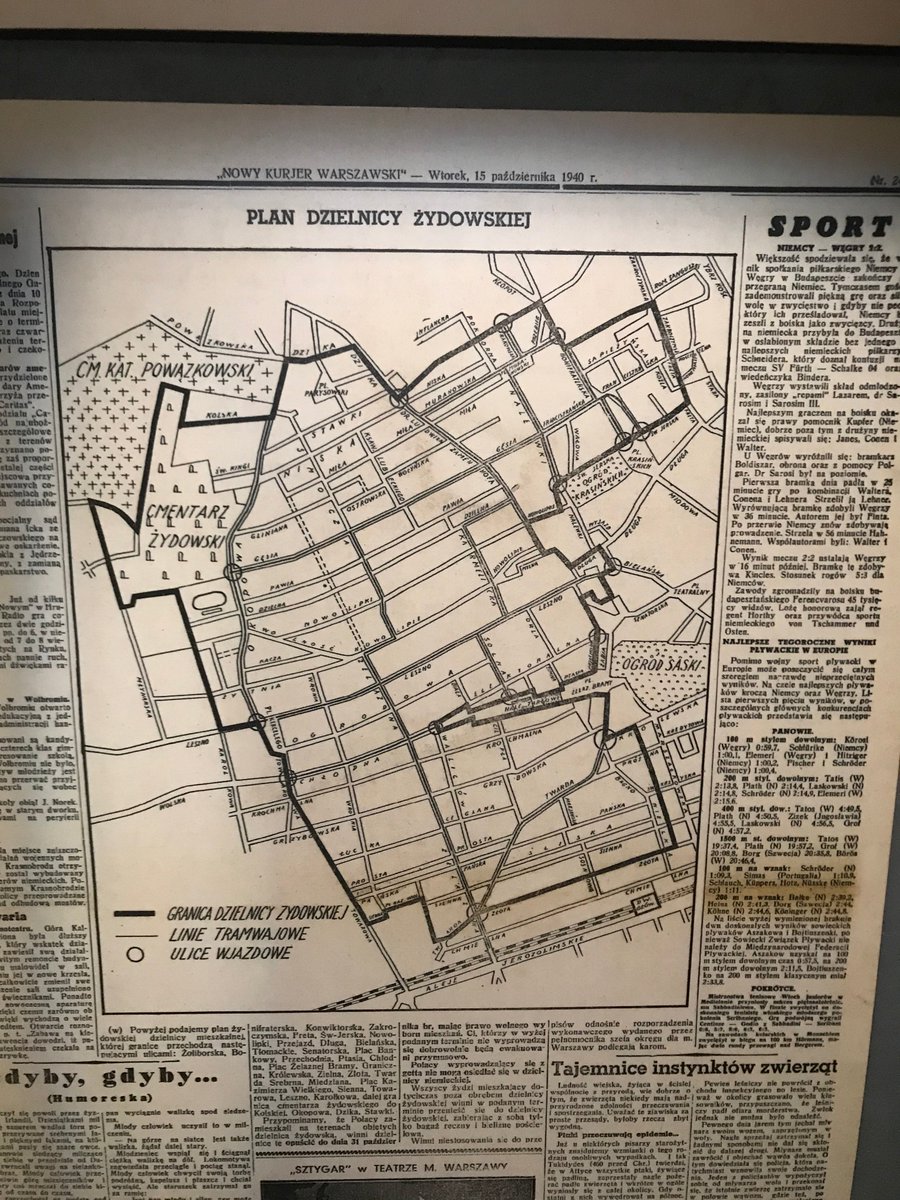 A page from the Nazi propaganda newspaper Nowy Kurjer Warszawski showing the plan of the Warsaw ghetto alongside light news like sports. 10/x