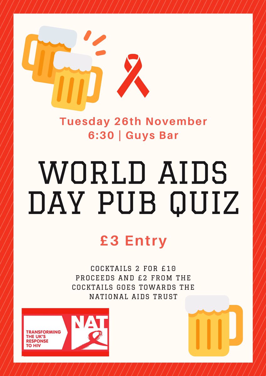 SexpressionKCL's tweet image. Who’s coming to our World Aids Day Pub Quiz? 

Bring your friends and £3 down to Guy’s bar on Tuesday @ 6:30!! 🍻