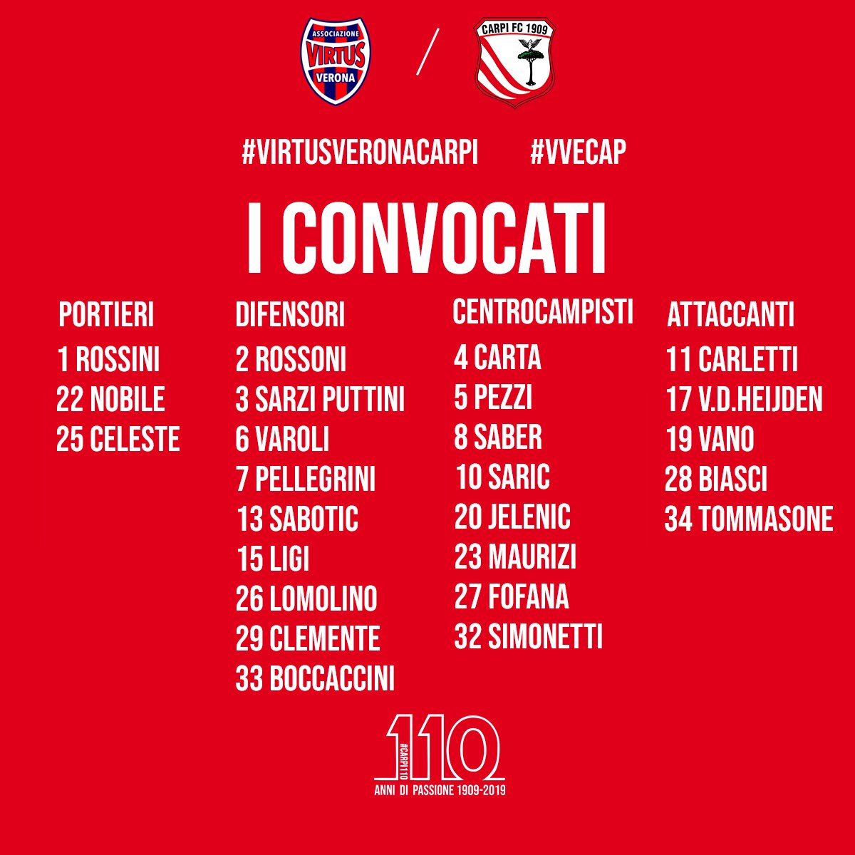 ac_carpi's tweet image. 📋 sono 25 i biancorossi convocati per #VirtusVeronaCarpi di domani sera
#FORZACARPI 🇲🇨
#VveCap