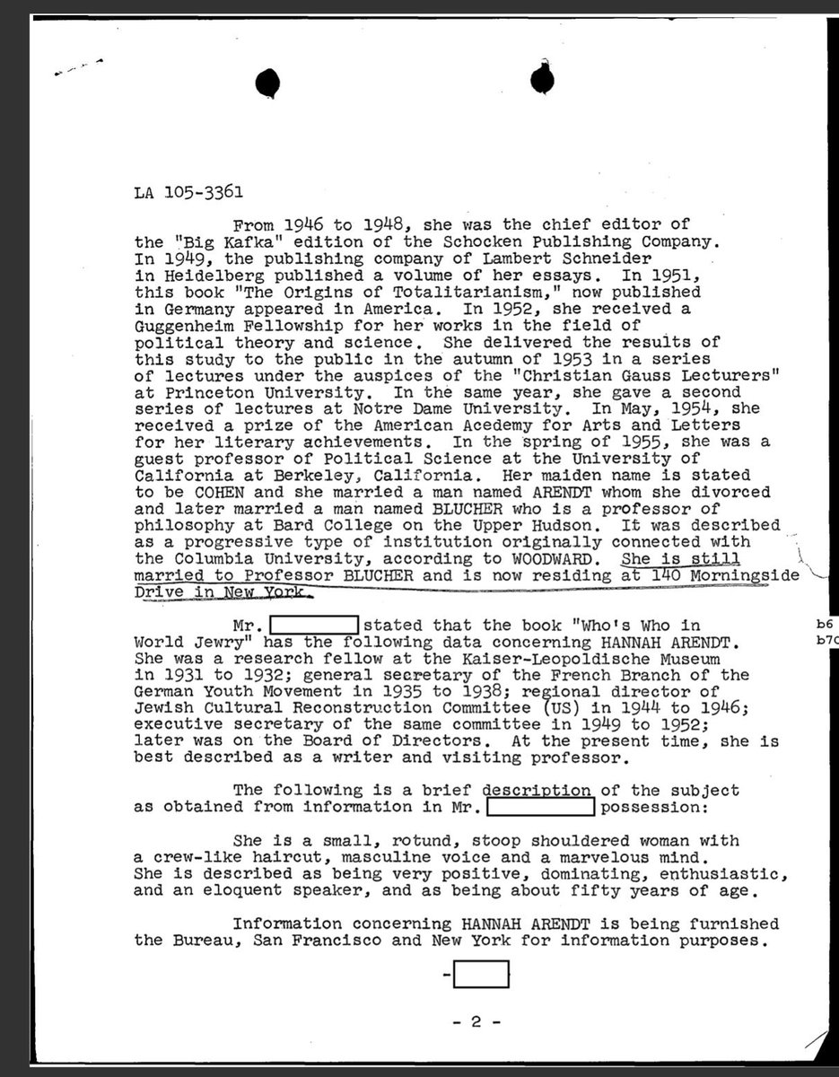 Samantharhill's tweet photo. "She is a small, rotund, stoop shouldered woman with a crew-like haircut, masculine voice and a marvelous mind. She is described as being very positive, dominating, enthusiastic, and an eloquent speaker, and as being about fifty years of age."

Hannah Arendt's FBI file: https://t.co/0WZUX3AUMc
