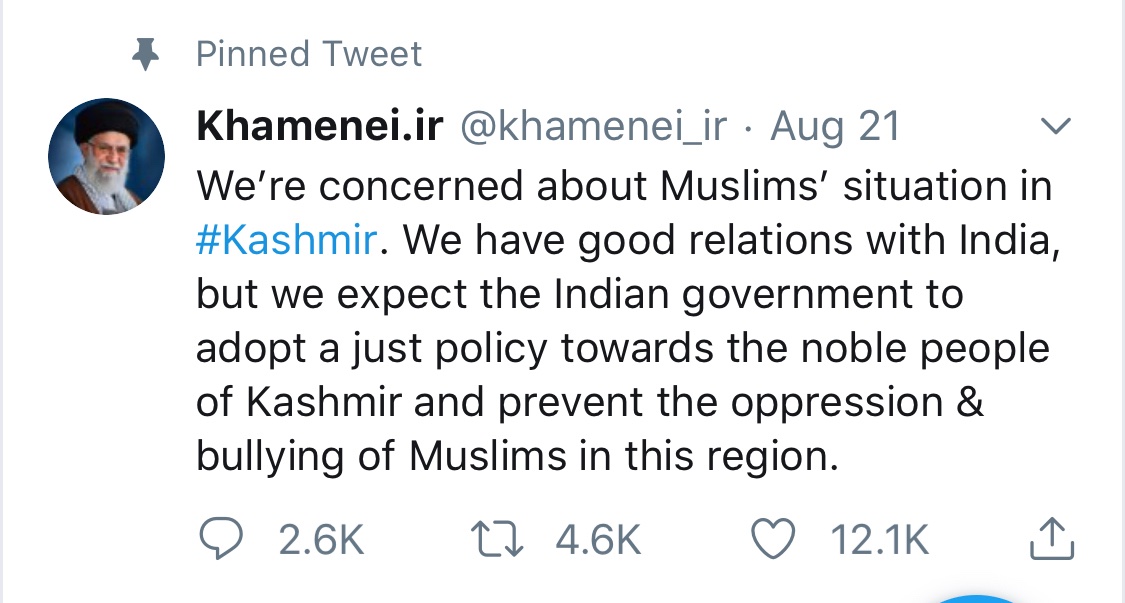 Noteworthy that this, on Kashmir, has been Iran’s Supreme Leader’s pinned tweet for 3 months (H/T @ElioraKatz):