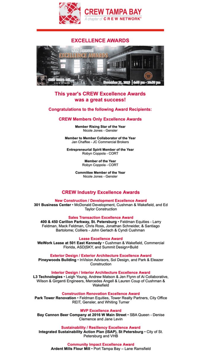 The 8th Annual CREW Tampa Bay Excellence Awards was a great success and had record attendance! Thank you to our sponsors and everyone that attended. Please join us in congratulating this year's winners! #crewtampabay #cre #eventoftheyear #excellenceawards2019