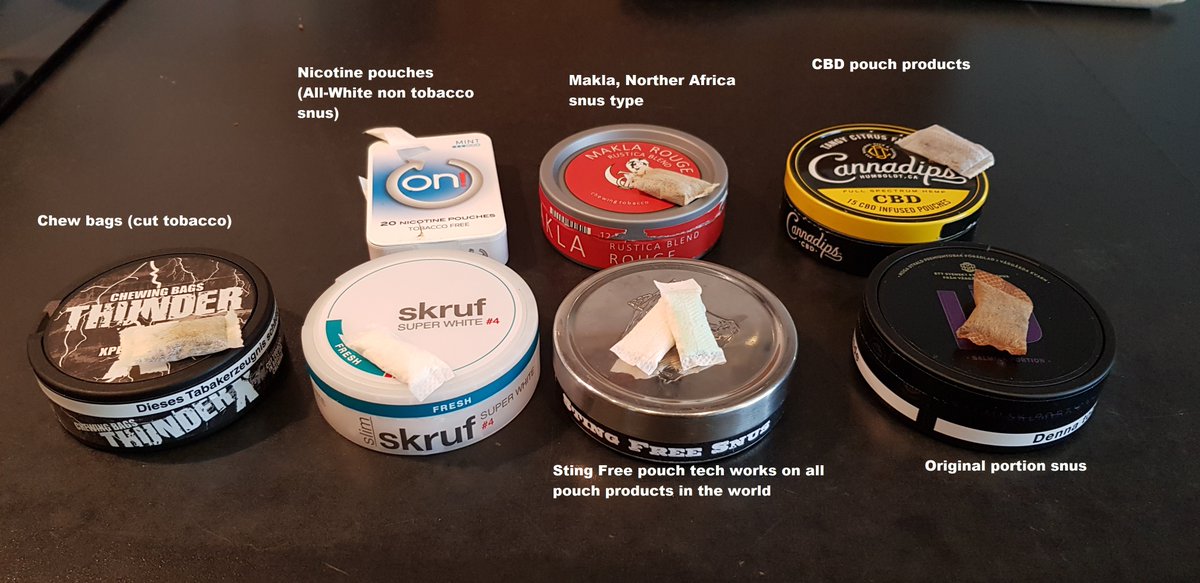 Stingfreesnus's tweet photo. a lot of oral products containing #nicotine or #CBD are now sold in the pouch (portion) format. #StingFree patented pouch tech works with them all! 

#snus #StingFreeSnus #chew #nicopods #nicotinepouches #makla #cannadips #allwhite #dip #snuff https://t.co/jcOaGl7DNl