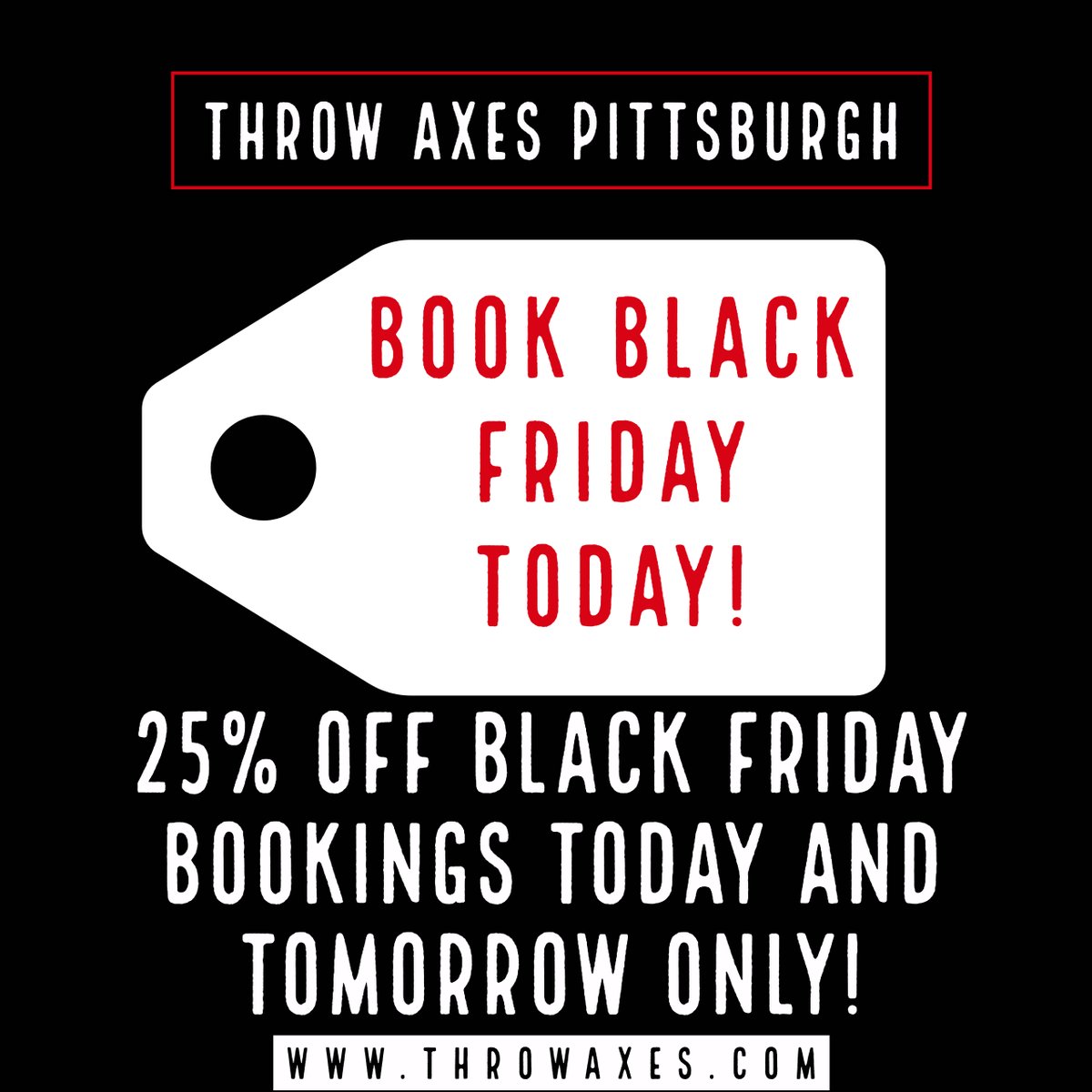 throwaxespgh's tweet photo. Not the shopping type for Black Friday? Well join us at THROW Axes Pittsburgh for an Axeciting time! FLASH SALE on all Black Friday bookings! Today and tomorrow only receive 25% off!! With Locations in the North Hills, South Hills and The Waterfront! Book today! https://t.co/P8YOSQ3wZY