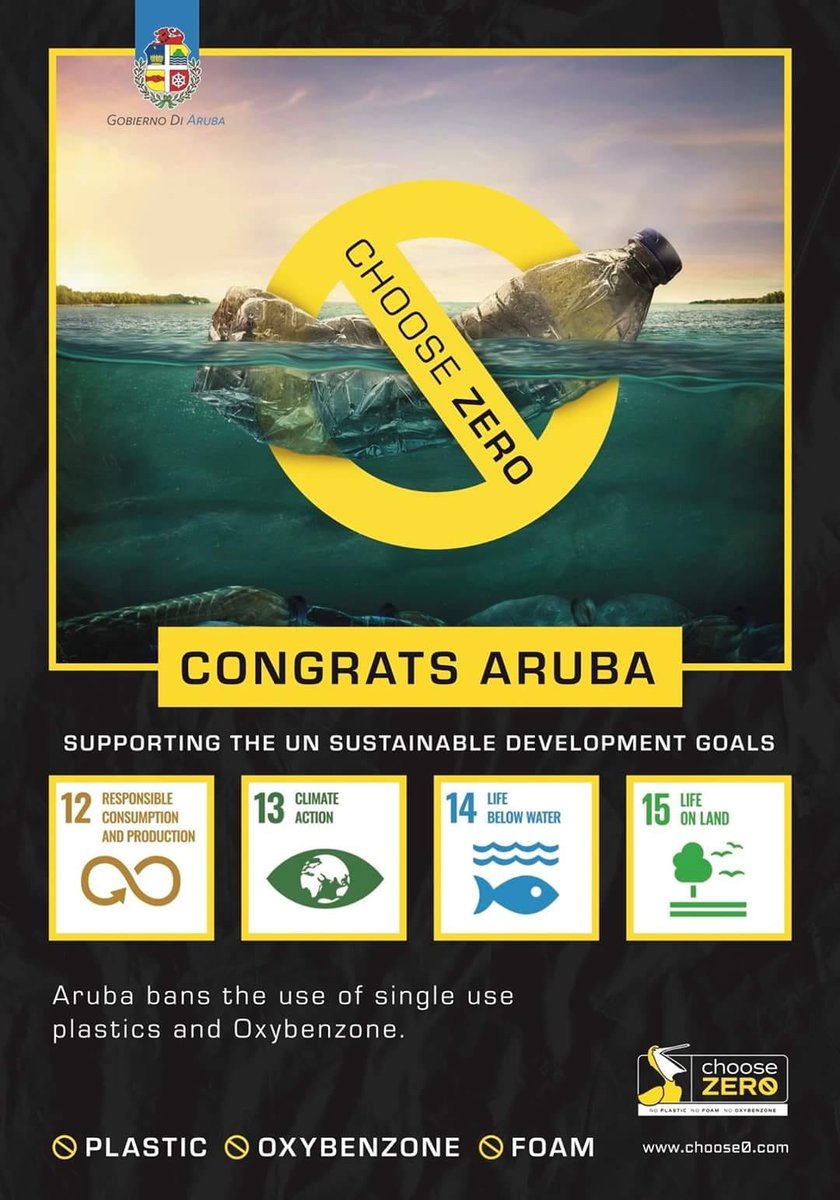 aruba's tweet photo. This just in! The law banning all single-use plastics and Oxybenzone on the island will go in effect on July 1, 2020! Learn more how we can keep the happy island pristine for all here: https://t.co/U0XIJF0eo6 #ChooseZero #Aruba #onehappyisland https://t.co/Ce9uMldcKF