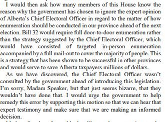 19/ This is definitely bizarre. Why would the NDP want to ram through a significant bill on electoral reform, at the last minute, without adequate consultation from the Chief Electoral Officer? As Loewen pointed out on page 2466 of The Hansard:  http://www.assembly.ab.ca/ISYS/LADDAR_files/docs/hansards/han/legislature_29/session_3/20171212_0900_01_han.pdf