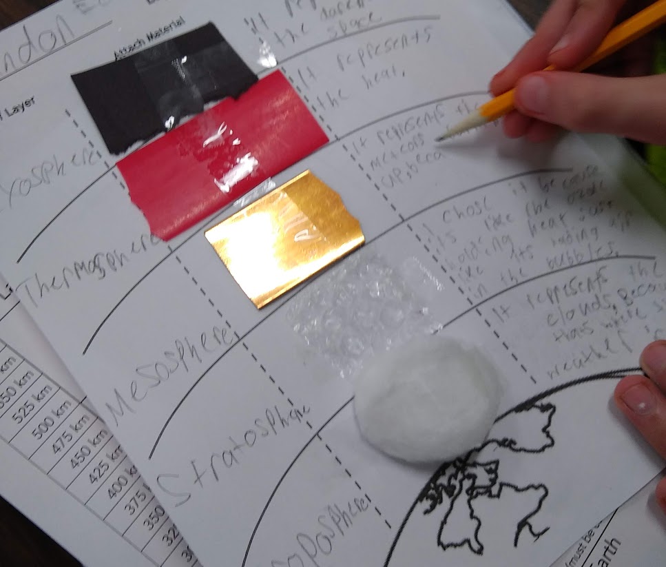 MsCapwell's tweet image. Easy #MakerEd for earth sci using #makerspace resources: create a model of the earth&apos;s atmo. by choosing an upcycled material to represent each layer, w/explanation of how the material is a good rep. for the layer&apos;s characteristics. Inspired by @IntentionBook #intentionthebook