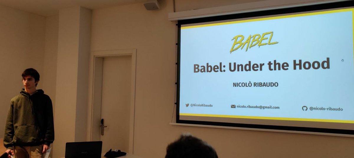 antreem's tweet photo. "Di base Babel non fa nulla, al limite riscrive il vostro codice ma più brutto! Ma Babel è tutto un plugin..." @NicoloRibaudo
#jscday #antreem #babel https://t.co/9JPAhCbX4N