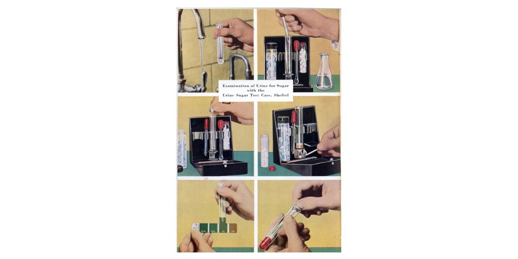 This kit was popular in the 40s. Reagents were in one tablet, heat source in the other. The tester added urine with an eyedropper to the reagent tablet and lit the heat tablet in a little tray under the test tube then checked the colours on the chart. SHI and NMAH  #FellowFriday