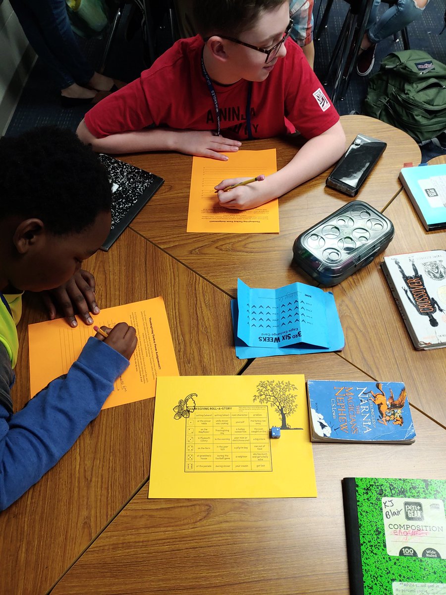 hrorr5's tweet photo. Happy Thanksgiving from my 6th PreAP/GT class. Turkey poems, roll-a-story, letter from a turkey, are all choices today. #KatyISDELA @MPJHEagles https://t.co/xEuaUxuXB4