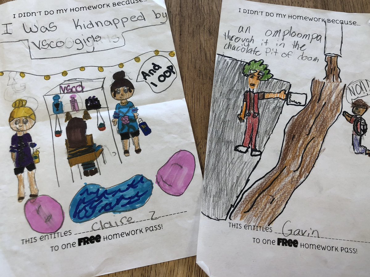 HayesNSES's tweet photo. At the beg.of every school year, I read the 📕”I Didn’t Do My Homework Because...”& I give Ss a hmwk pass to create. I ❤️ when they finally use the passes! I get to see their outlandish reasons for no hmwk. 😂👏🏻🤣 @NewTownES #AIG #homeworkpass #oompaloompa #vscogirls https://t.co/C5g5iqvmkG