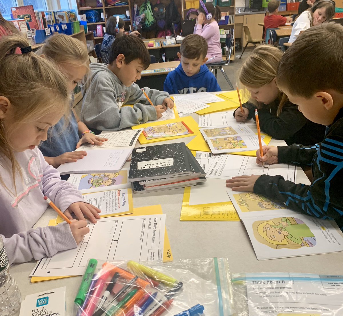 These hardworking second graders are collaborating in reading group to answer criticism thinking questions #proud