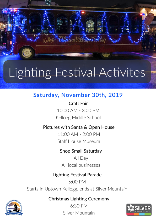 SilverValley_ID's tweet image. Silver Valley Christmas Lighting Festival. Saturday 30 November, Craft Fair 10 A.M., Pictures with Santa 10:30 A.M., Support Small Businesses All Day, Parade 5 P.M., and Tree Lighting with Fireworks 6:30 PM.