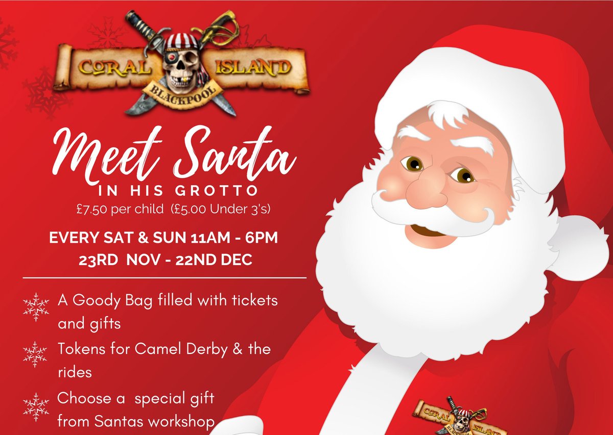 Tomorrow (23rd Nov) is the start of the Meet Santa events at @LoveCoralIsland running weekends until 22nd December at 11am-6pm... With goody bags, Camel Derby tickets (our favourite) and gifts its a great day out - PLUS Kids Eat Free there too! 🎅🎁