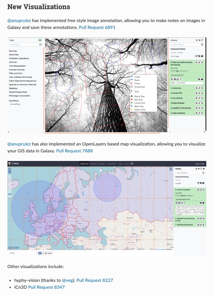 Galaxy Release 19.09 is out! Workflow Invocation Reports, Interactive Tools, and new Visualizations are the highlights. Thanks to everyone who helped us debug and polish this beast of a release. 
Release Notes: docs.galaxyproject.org/en/master/rele… 
User Notes: docs.galaxyproject.org/en/release_19.…