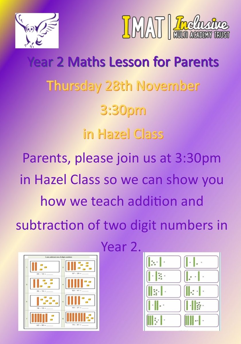 LHS_Watford's tweet photo. Year 2 parents, you are invited to Hazel Class at 3:30pm on Thursday 28th November to see how we teach your children to add and subtract 2-digit numbers. Information is also on the Y2 homework sheet, tweeted
#mathlhs @MrsGunnerLHS @MissSmartLHS @missconwaylhs @HeadLHS @IMAT_CEO https://t.co/OD933qCQHk