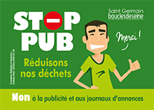 Vous ne lisez plus les prospectus ? Adoptez les autocollants "Stop Pub", à poser sur votre boîte aux lettres, et contribuez à la réduction des déchets ! 📬
Ils sont à votre disposition à l'accueil de la Mairie, à l'initiative de la communauté d'agglomération.
