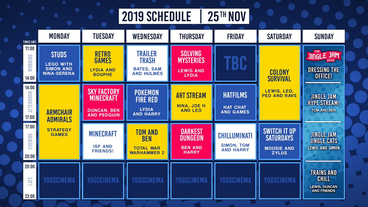 Jingle Jam Schedule 2022 The Yogscast On Twitter: "Exactly 1 Week Until Jingle Jam!! Here's Next  Week's Streaming Schedule Including The Jj Opening Day, Jingle Jam Schedule  To Come Out Soon 😎 P.s Send Us Your #