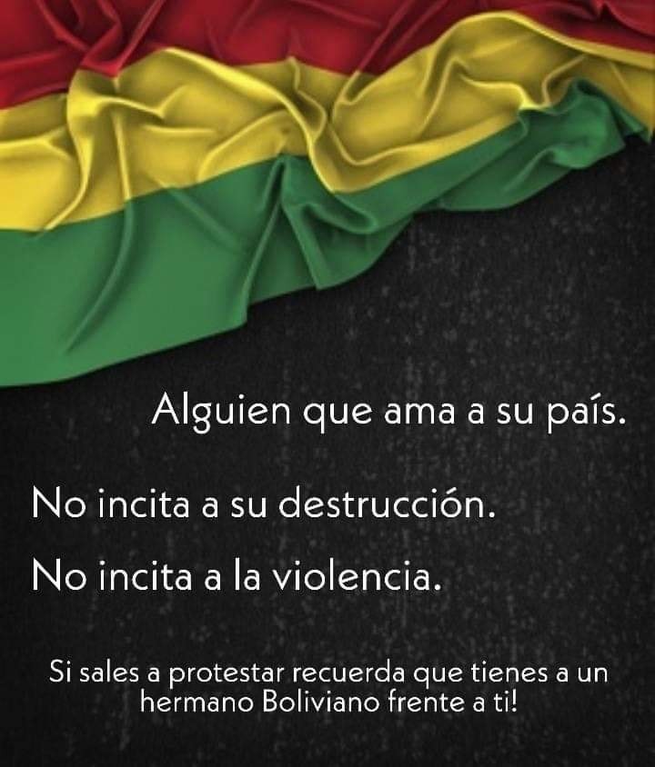 Chiorazzzo's tweet photo. No a la violencia, basta de escuchar a personas que no aportan al País y sólo causan odio y division! #PazParaBolivia #BoliviaUnida #NoCoupInBolivia #todossomoshermanos https://t.co/3FtOE7u5RD