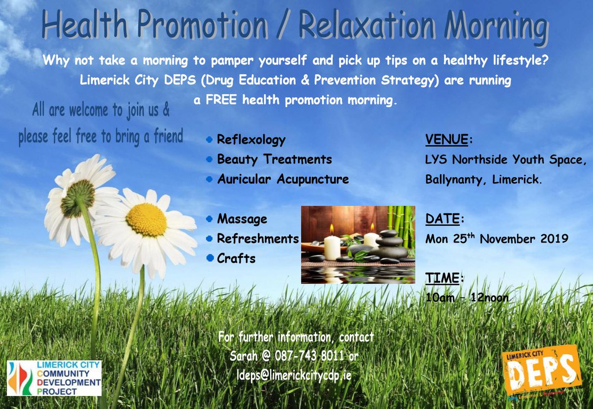 Take time for yourself next Monday 25th November at LYS Northside Youthspace - and get some healthy tips! FREE health promotion morning 😁👍🏼 #beinformed #activelimerick #healthyoptions
