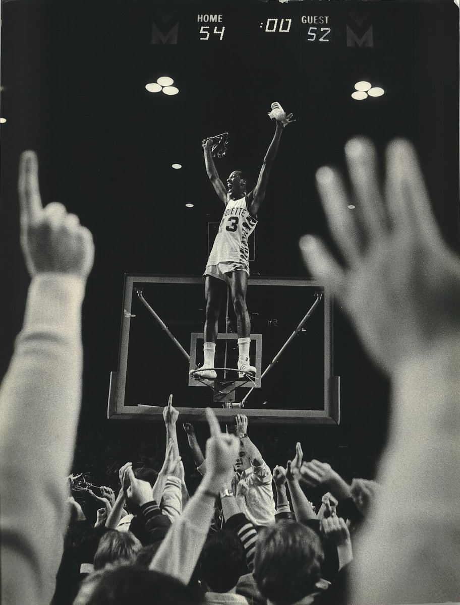 Here is a cool picture from the <a href="/journalsentinel/">Journal Sentinel</a> archives of Michael Wilson celebrating Marquette's victory over Notre Dame in 1981 on Doc Rivers' famous shot. #mubb