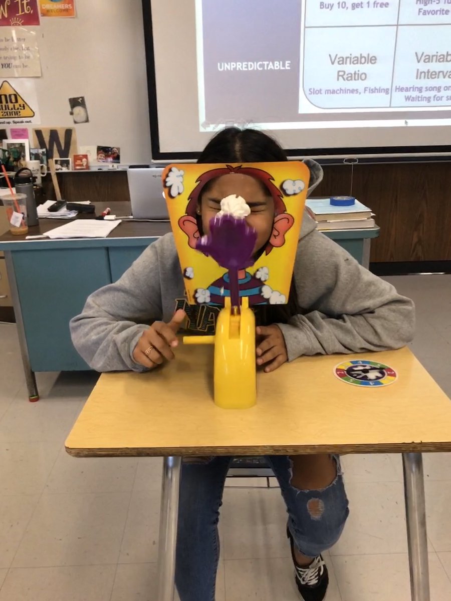 Mr_Psyken's tweet photo. Playing Pie Face in 2nd period #APPsych to teach about reinforcement schedules in operant conditioning #VariableRatio #PieFace #PsychisLife https://t.co/Hq6uZWIAoC