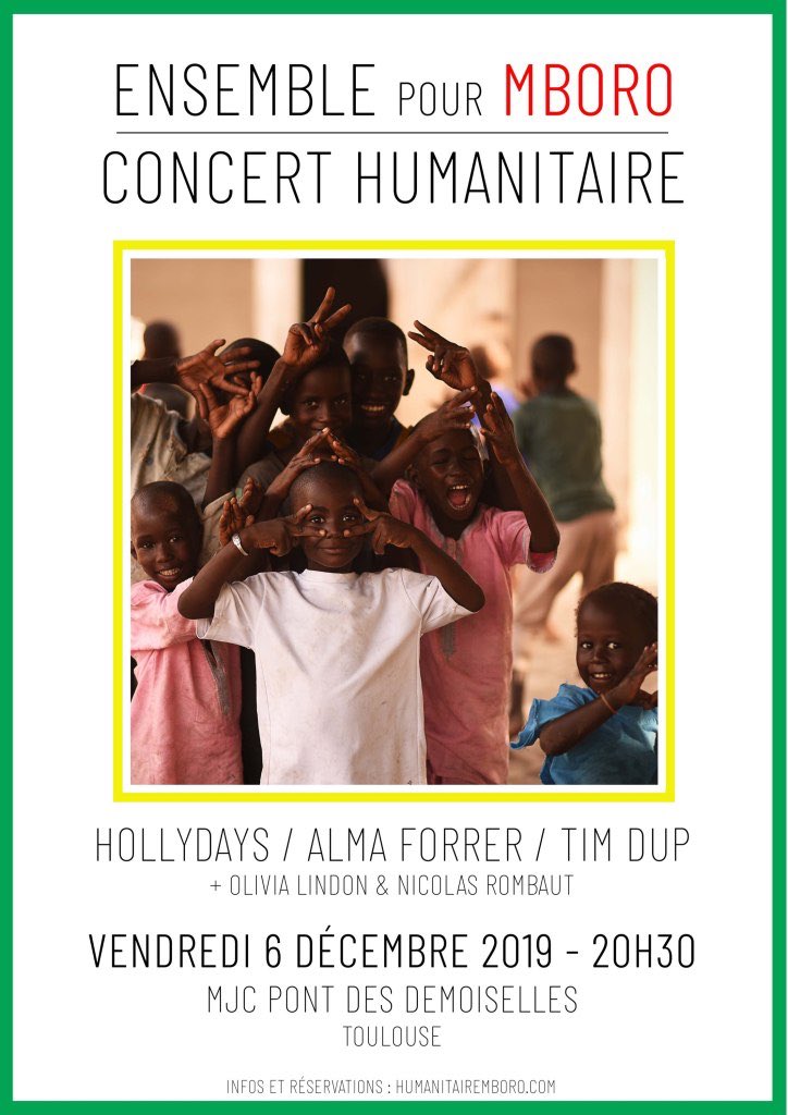Le 6/12 prochain nous jouerons à Toulouse avec les amis <a href="/Hollydaysband/">Hollydays</a> &amp; <a href="/AlmaForrer/">Alma Forrer</a> , pour un concert humanitaire au profit de l’asso Mboro. On a préparé une jolie création avec nos chansons, des surprises, des reprises, et surtout beaucoup d’amour... ♥️
humanitairemboro.com/billetterie-en…