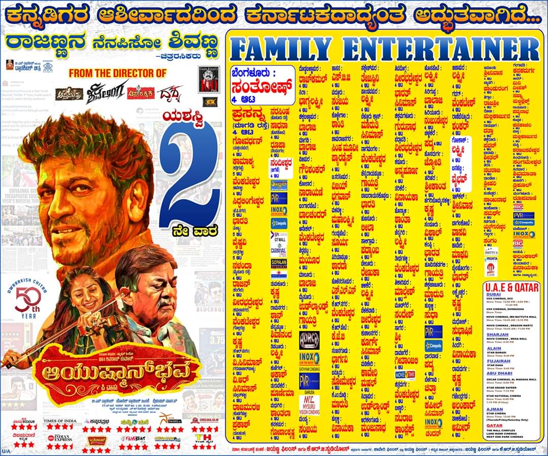 SandalwoodLoka's tweet photo. ಕರುನಾಡ ಚಕ್ರವರ್ತಿ ಡಾ|| ಶಿವರಾಜ್ ಕುಮಾರ್ ಮತ್ತು ಡಿಂಪಲ್ ಕ್ವೀನ್ @RachitaRamDQ ಅಭಿನಯದ "ಆಯುಷ್ಮಾನ್ ಭವ" ಚಿತ್ರ ಅದ್ದೂರಿ 2ನೇ ವಾರ #Aayushmanbhava @dwarakishchitra @dyogish @shivuaDDa @PSPRFC @Raj_Dynasty https://t.co/sqbVQYzlSa