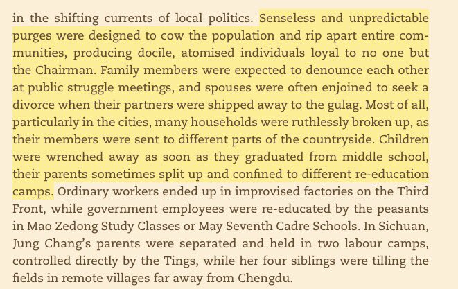 "the slogan 'Father is Close, Mother is Close, but Neither as Close as Chairman Mao' was inculcated into every child. As one student noted, 'We were drilled to think that anyone, including our parents, who was not totally for Mao was the enemy.'" https://www.goodreads.com/book/show/26073079-the-cultural-revolution