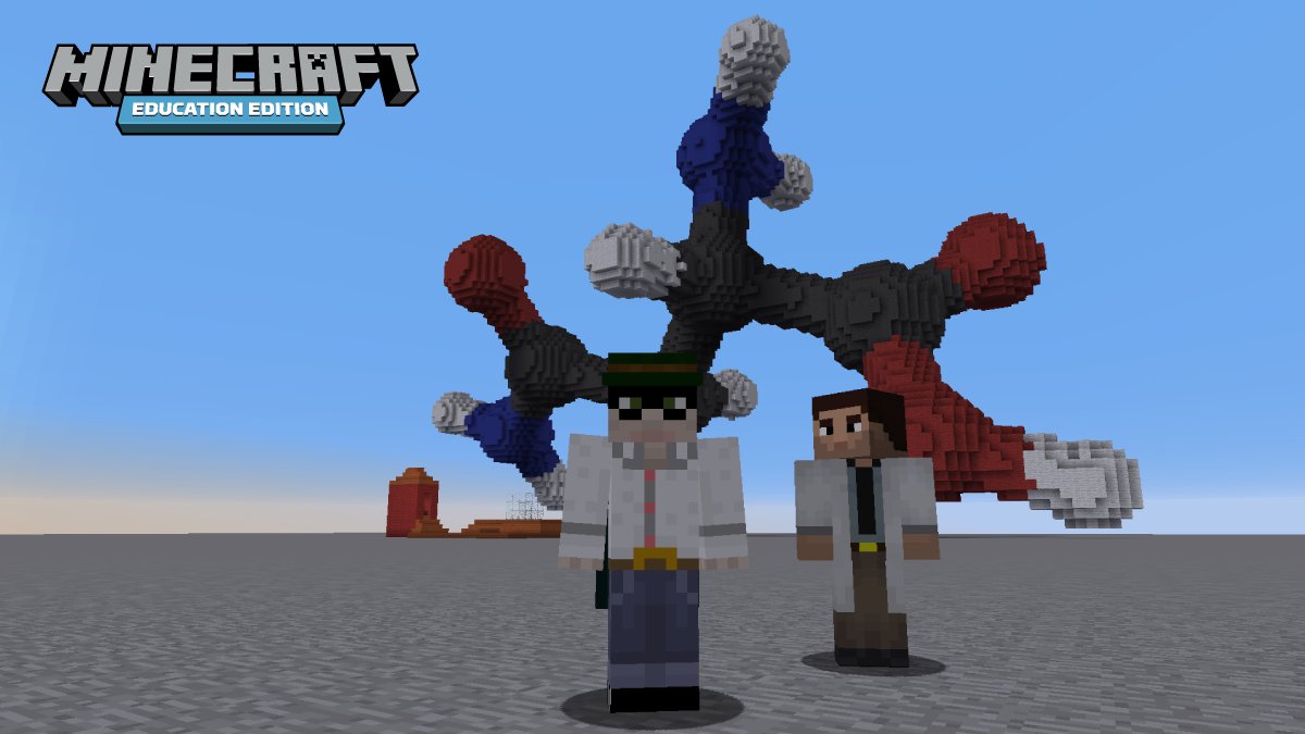 Two scientists stand in front of a giant model of a molecule in Minecraft: Education Edition