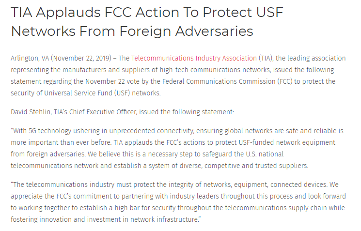 TIAonline's tweet photo. TIA CEO @DavidStehlinTIA applauds @FCC action protecting USF #networks. #FCCLive  

“We believe this is a necessary step to safeguard the U.S. national telecommunications network and establish a system of diverse, competitive and trusted suppliers.”  https://t.co/xRQ2zZAPqA https://t.co/3DBT94kw3L