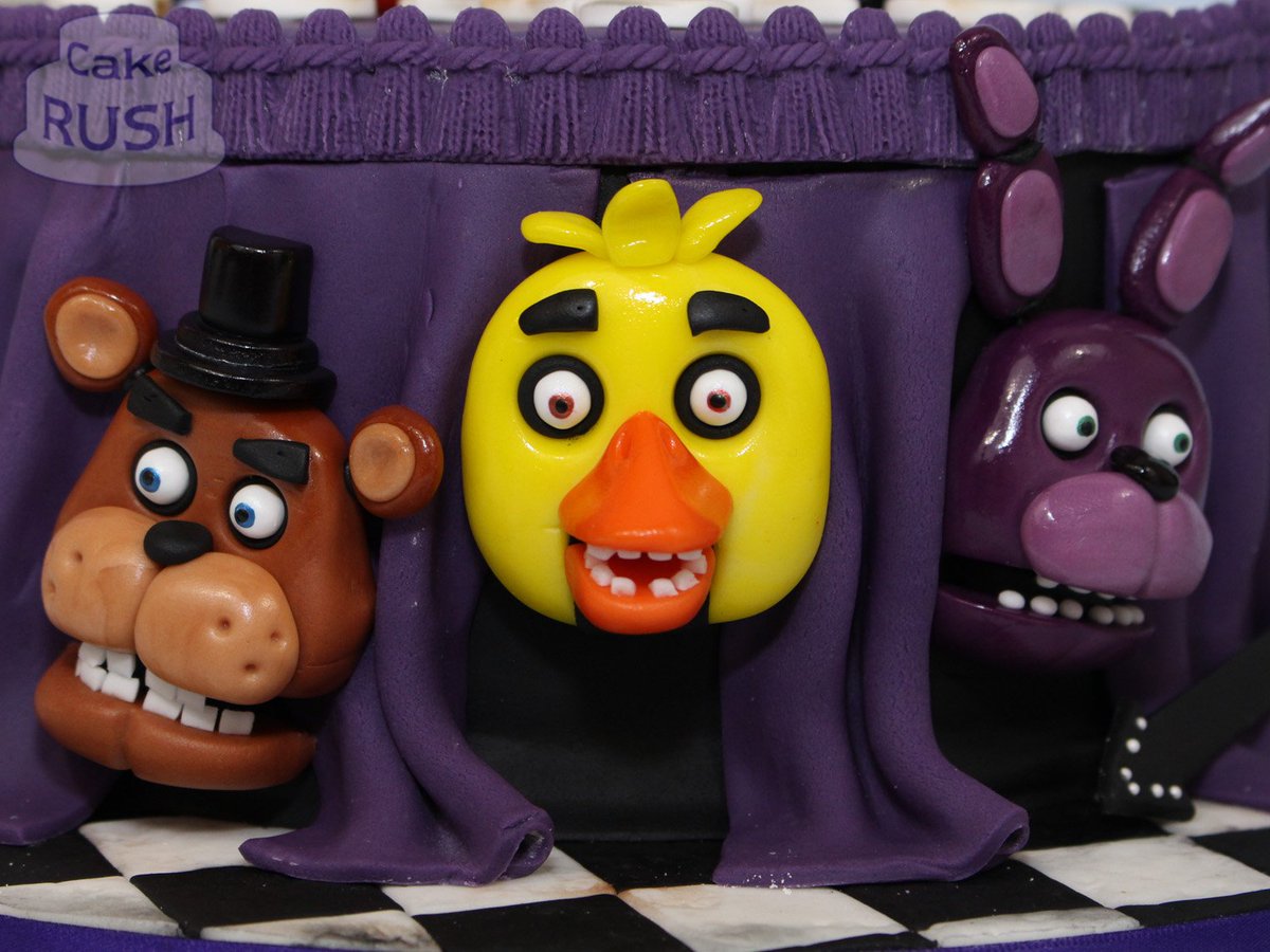 CakeRush's tweet photo. This year Connor is mad about Five Nights at Freddy's! His cake featured Foxy on top, with Freddy Fazbear, Chica and Bonnie peeping through the curtains.

#birthday #cake #FNAF https://t.co/u6MEQ5TDFv