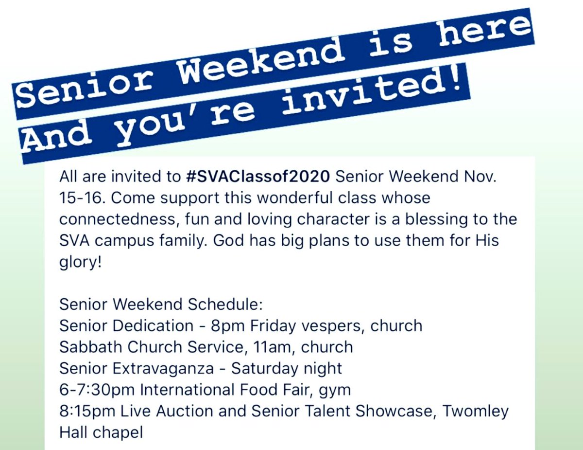 SVAAlumniAssoc's tweet photo. Tonight we dedicate the #SVAClassof2020 to God. Join in supporting and celebrating this wonderful class of future #SVAAlumni this weekend! #ShenandoahValleyAcademy #ServeGod #ValueKnowledge #AcceptaLifeofService https://t.co/D3fUkqfXzf