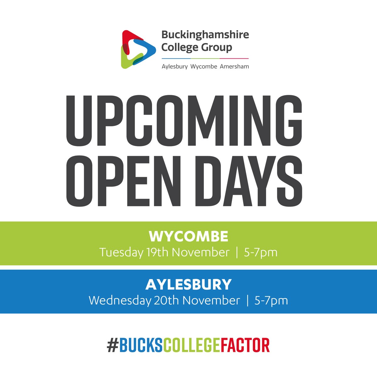 To get the #BucksCollegeFactor working for you, register for one of our upcoming Open Days at https://www.buckscollegegroup.ac.uk/enrol/open-days .
#BucksCollegeGroup #Bucks #Buckinghamshire #College #HigherEducation #College #Aylesbury #Amersham #Wycombe #Apprenticeship #OpenDay