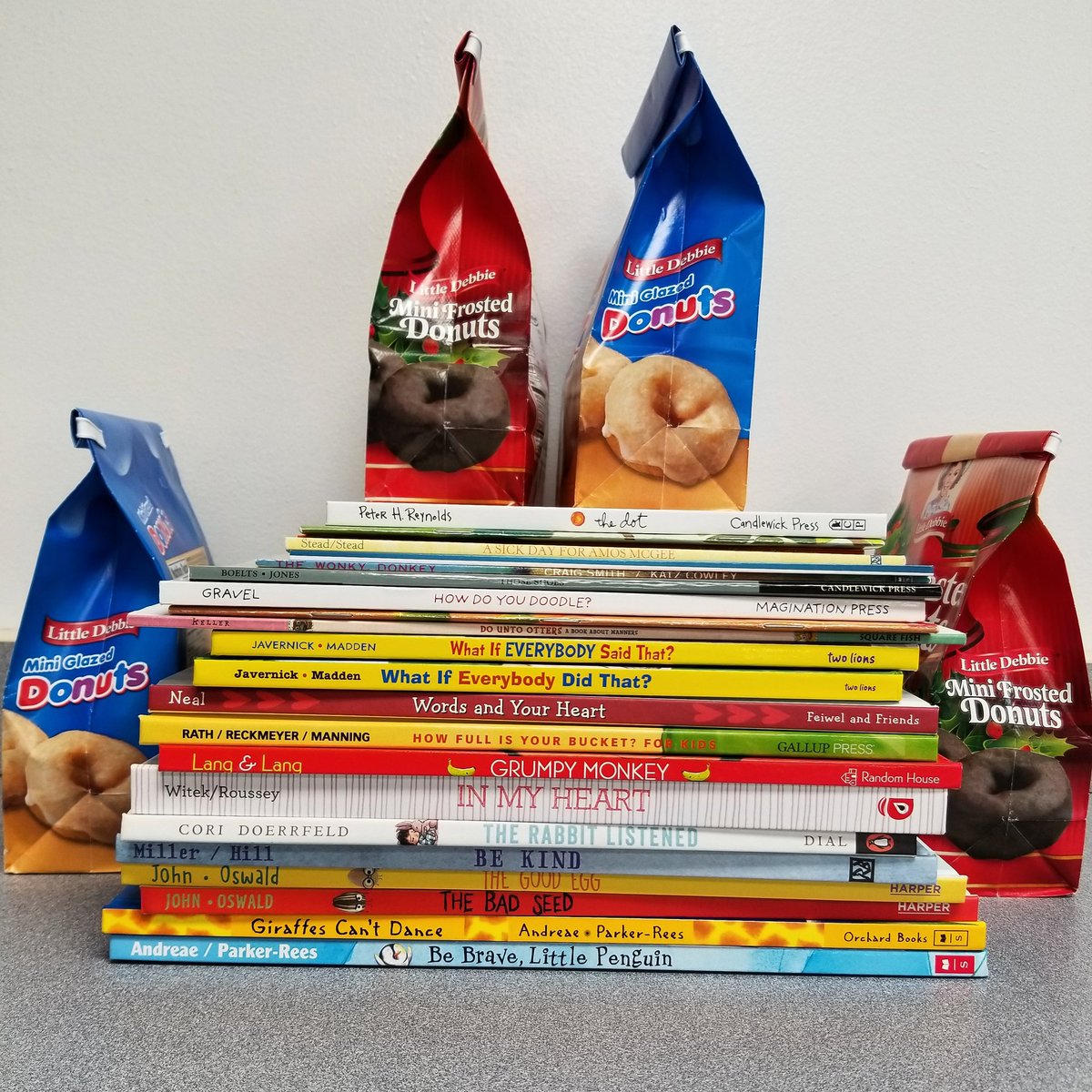 #surpriseanddelight today for my Ss. They've made tremendous progress so today reading groups get to choose from some of my fav SEL books and listen to me read &amp; math groups get to challenge me, all while snacking on donuts. (Best part, they're still learning.)