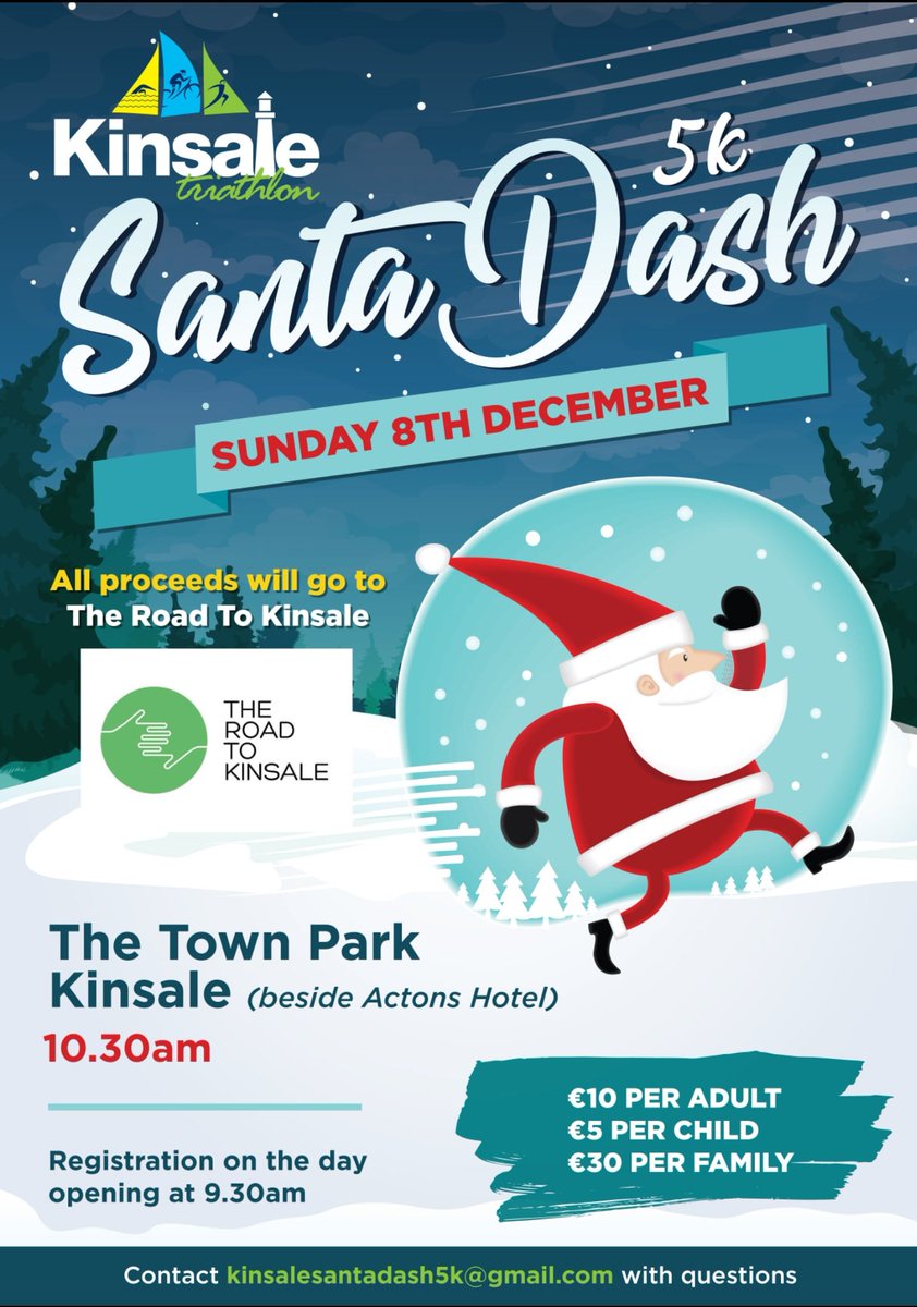 SANTA DASH is back for 2019 🎄🎉🏃‍♀️🏃‍♂️ @Corksouthnews <a href="/KinsaleNews/">Kinsale Advertiser</a> <a href="/liamed1973/">liam  Edwards@Jim Edwards Restaurant</a> <a href="/1601kinsale/">1601 Off Licence</a> <a href="/CorksRedFM/">Red FM</a> <a href="/corkbeo/">Cork Beo</a> <a href="/CorkBhaa/">CorkBhaa</a> <a href="/Corks96FM/">Cork's 96FM</a> <a href="/CorksRedFM/">Red FM</a> <a href="/CorkTri/">Cork Triathlon Club</a> <a href="/KinsaleComSch/">Kinsale Community School</a> <a href="/runningincork/">Running in Cork Blog</a>