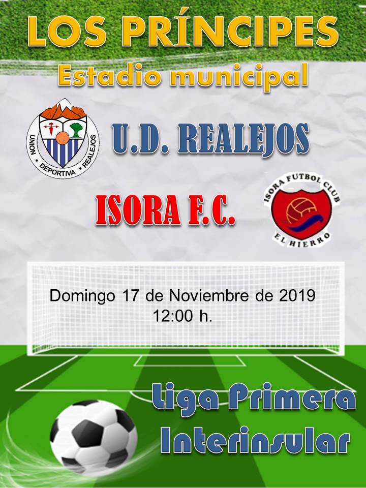 Este domingo 17 de Noviembre, a partir de las doce del mediodía, en el Estadio municipal Los Príncipes, partido importante para nuestro Regional con el equipo herreño del Isora C.F.
     ¡AFICIONADO ACUDE AL ESTADIO Y APOYA A TU EQUIPO!
    #AdelanteRealejos
    #SomosUDR