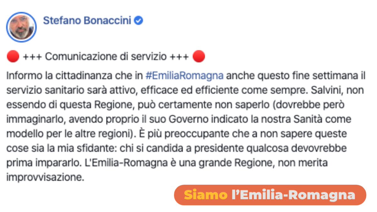 🔴Comunicazione di servizio🔴

Informo la cittadinanza che in #EmiliaRomagna anche questo fine settimana il servizio sanitario sarà attivo, efficace ed efficiente come sempre ⤵️